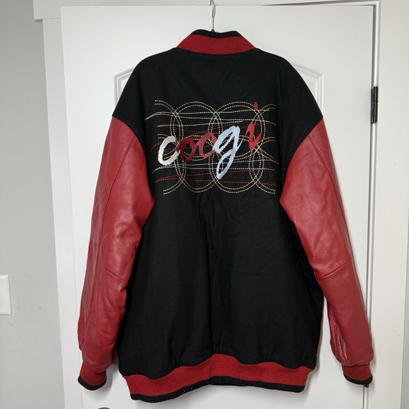 Vintage Coogi Varsity Leather Jacket Mens 2XL Black Red Wool Embroidered Logo - Picture 2 of 16